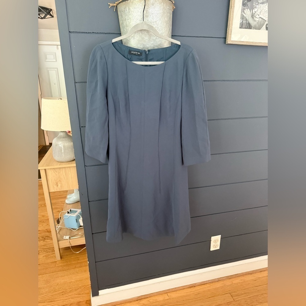 Lafayette 148 Designer Blue Crepe‎ Lined Pintuck Dress Siz US 10 large
